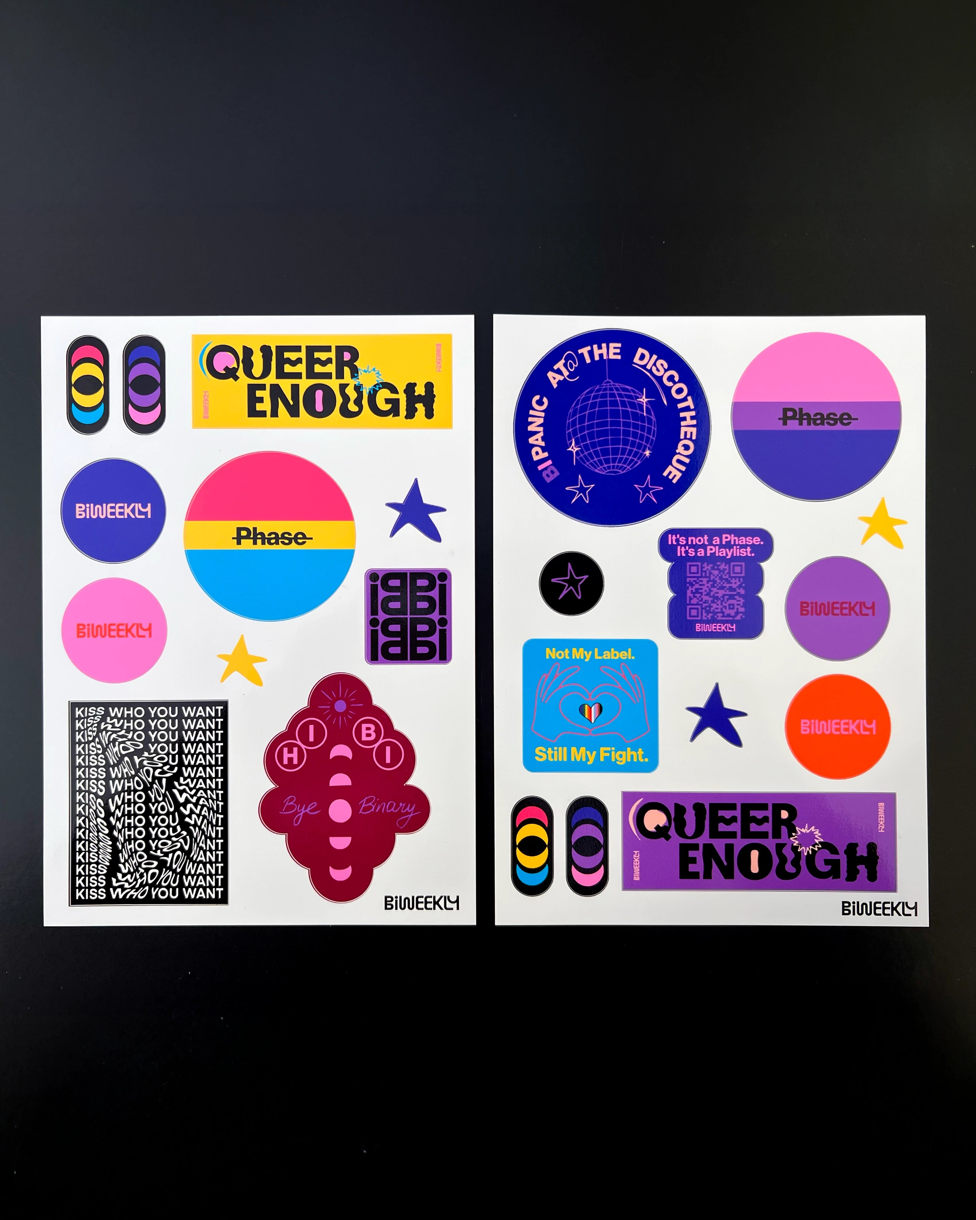 Two stickersheets with 11 and 12 queer-coded stickers in colors of the bi and pan flag and beige, coral and burgundy on black background