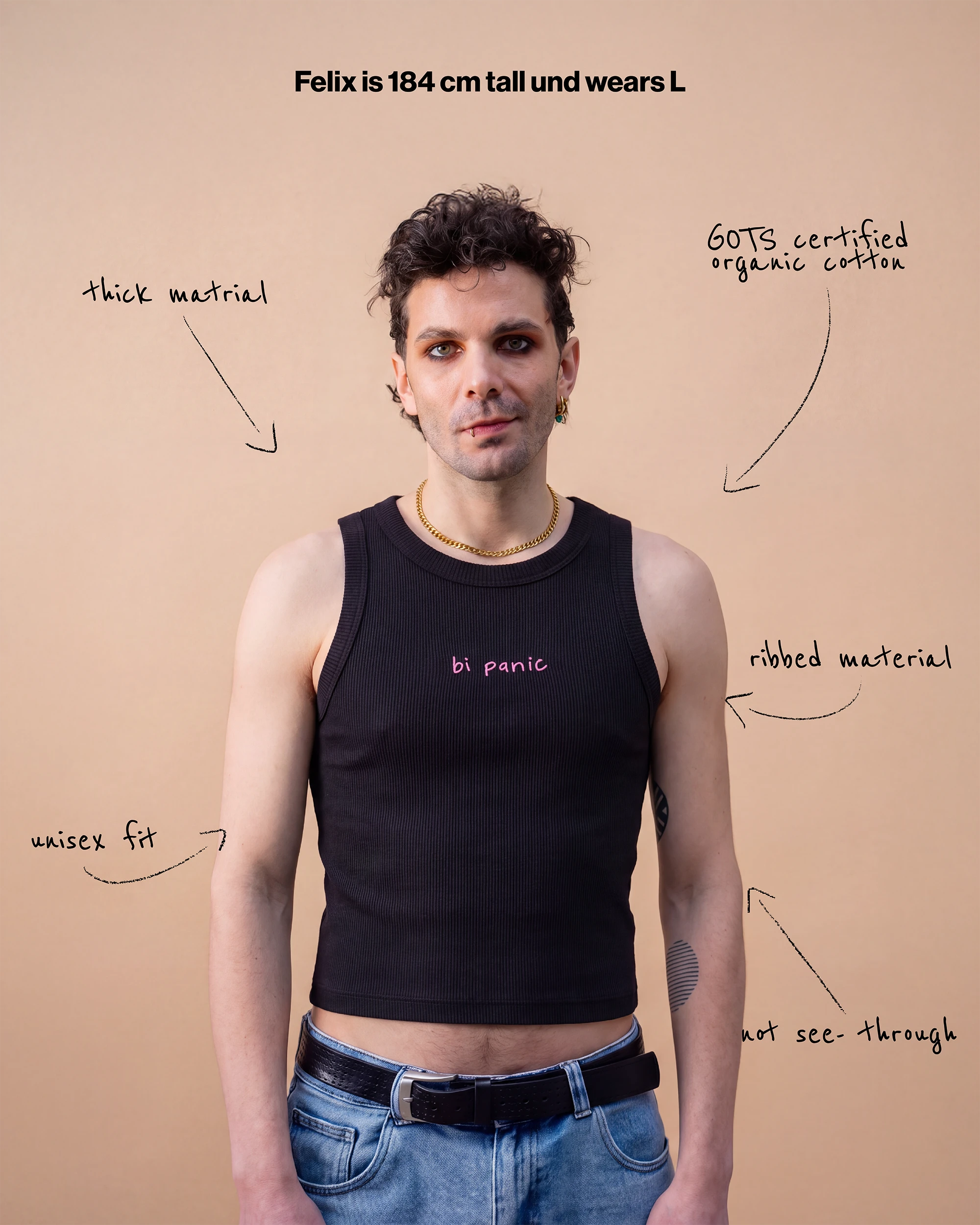 Model wearing a black Biweekly tank top with pink ‘bi panic’ text, front view against a beige background. Text that gives information about top.