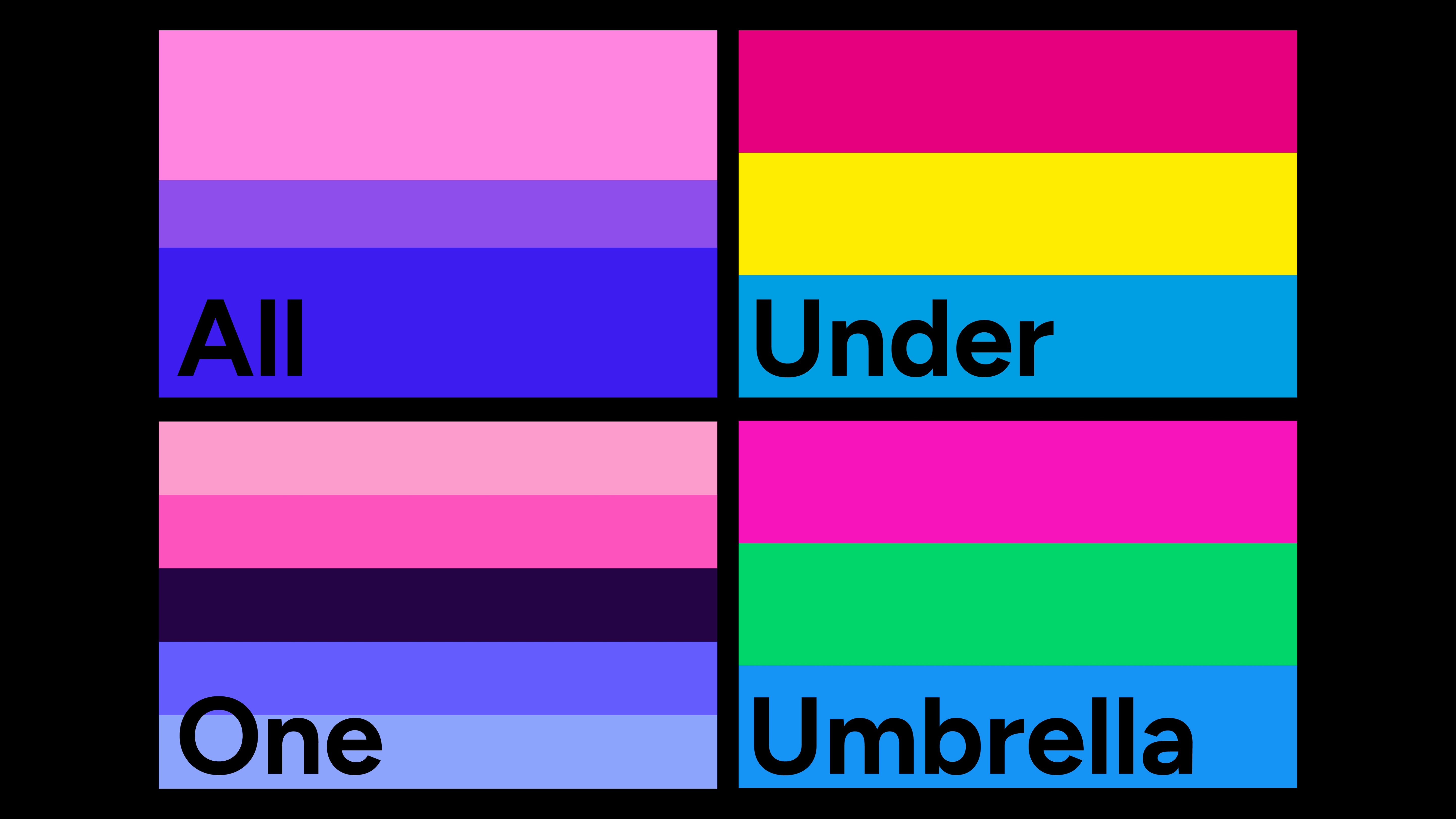 Bi, Pan, Omni and Poly flag with text "All under one umbrella"