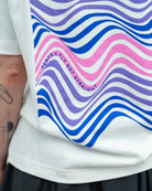Detailshot of an oversized white Biweekly T-shirt with wavy bi pride flag graphic print and `Perfectly Not Straight` text on the print, back view 