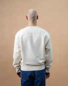 Model wearing a light beige Biweekly crewneck, back view against a beige background