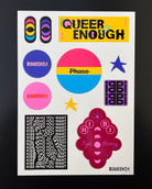 Stickersheet with 11 queer-coded stickers in colors of the bi and pan flag and beige, coral and burgundy on black background