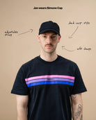 Model wearing a black Biweekly cap against a beige background with text: "adjustable straps, dad cap style, soft shape" arranged with arrows